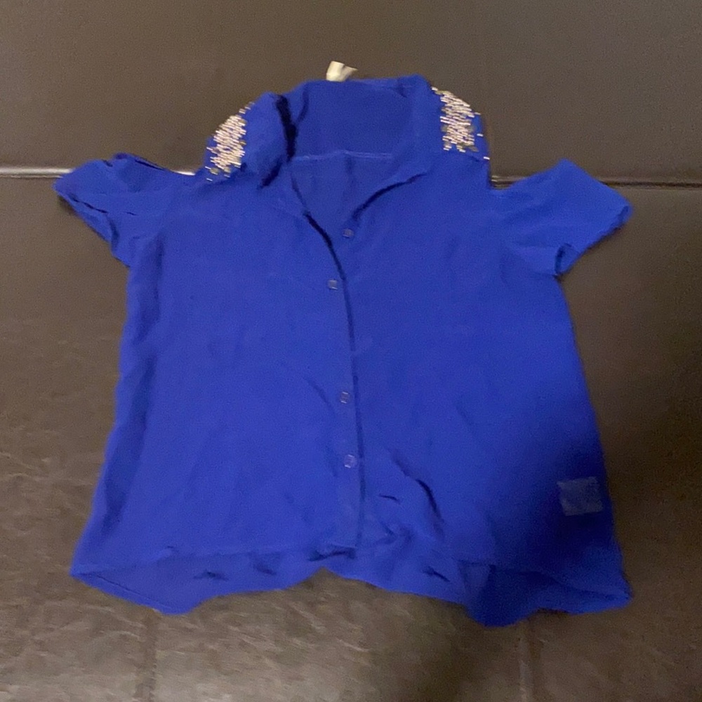 Button up chiffon blue shirt.